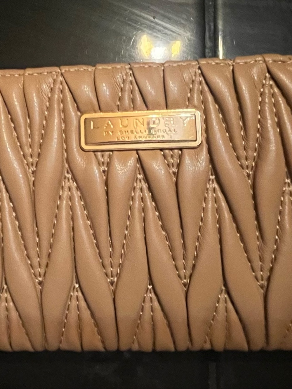 Laundry By Shelli Segal Tan Quilted Wallet with Gold Logo Plate